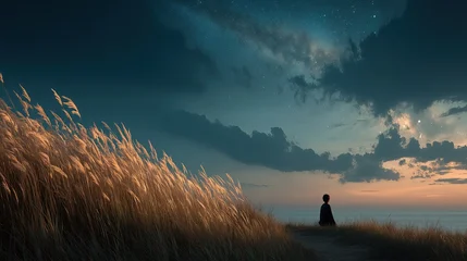 Child sits quietly in grass under a starry sky near the ocean © Andreas