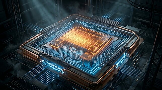 Advanced futuristic computer processor chip glowing with blue and orange light on a dark industrial background with intricate wiring and smoke