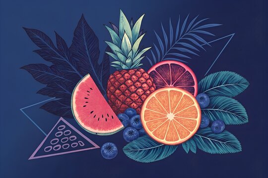 Vibrant artistic composition featuring a detailed pineapple slice of watermelon ripe citrus orange segments and fresh blueberries arranged aesthetically with tropical leaves and geometric shapes on a 