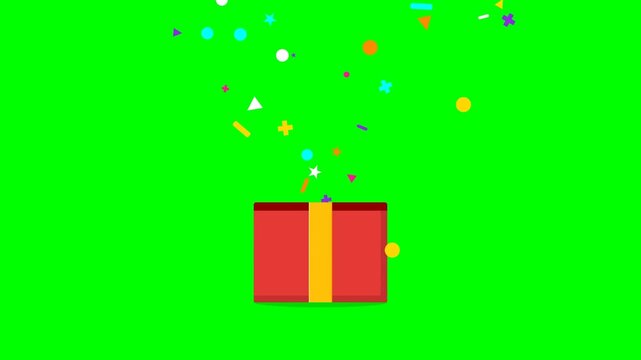 2D Animated Red Gift Box Opening with Colorful Geometric Confetti Shapes on Green Screen Background