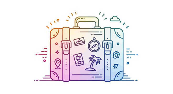 Retro suitcase with travel stickers, compass, palm tree, and location pin, colorful gradient