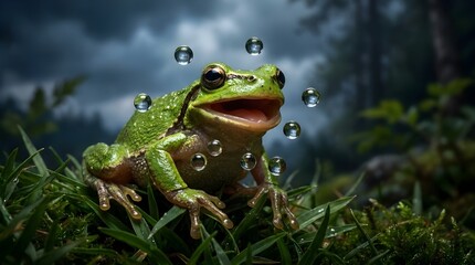 Obraz premium Tree Frog Mid-Laugh with Frozen Water Droplets – Time-Stopped Macro Scene, Crystal Clarity Splash, Dramatic Cinematic Lighting, Ultra-Realistic 8K Detail