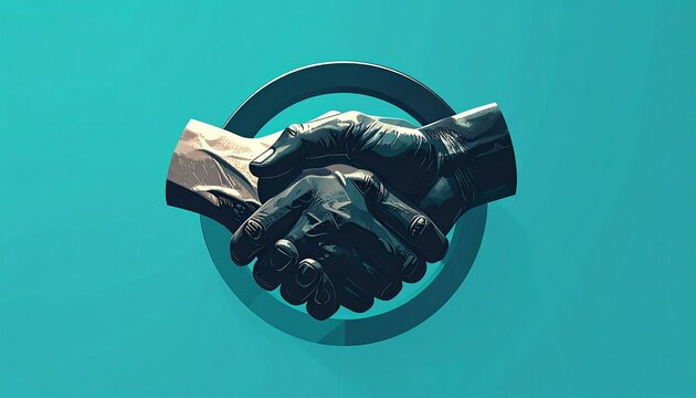 3d metallic teamwork emblem with intertwined hands on vibrant teal gradient background