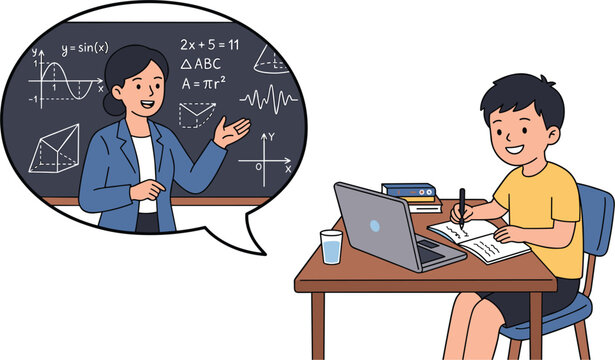 Young Student Boy Learning Mathematics Online via Laptop with Teacher Explaining Geometry and Algebra Formulas on Virtual Blackboard for E-learning Education Concept