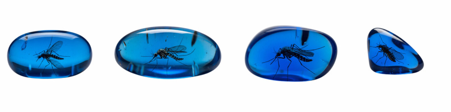 Collection of blue amber stones with trapped prehistoric mosquito fossils