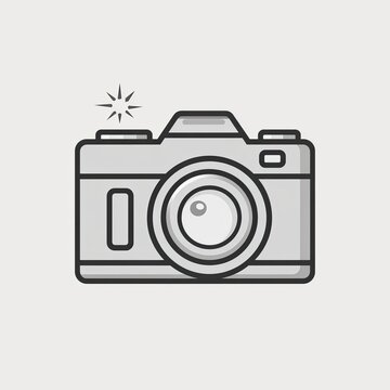 Minimalist line art camera icon with flash symbol.
