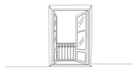 Obraz premium Architectural line drawing of an open window and balcony railing for elegant home design concepts