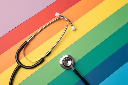 Black medical stethoscope laying flat on a vibrant colorful surface designed with multiple bright diagonal stripes representing equality and diversity in healthcare services for all people regardless 