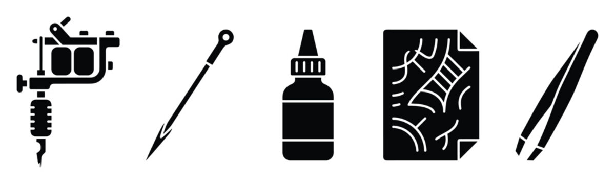 Tattoo equipment and accessories glyph icons for professional body modification and ink studios