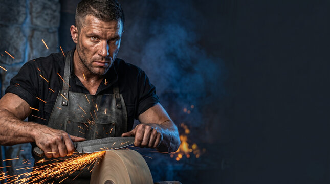 Muscular blacksmith artisan sharpening Damascus steel sword with intense focused grit grinding blade against dark industrial workshop background