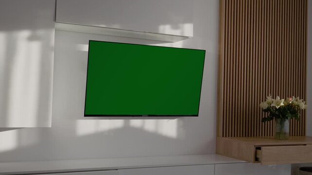 A green screen setup is shown in a living room. The television is mounted on the wall. Light shines through, creating shadows on the surface.