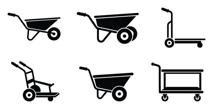 Collection of essential material handling carts and wheelbarrows for construction and gardening heavy lifting tasks.