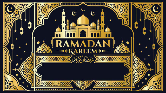 Luxurious Ramadan Kareem banner featuring golden mosque inside ornate Art Deco geometric frame with lanterns. Premium Islamic design perfect for marketing, greeting cards, and festive decoration.