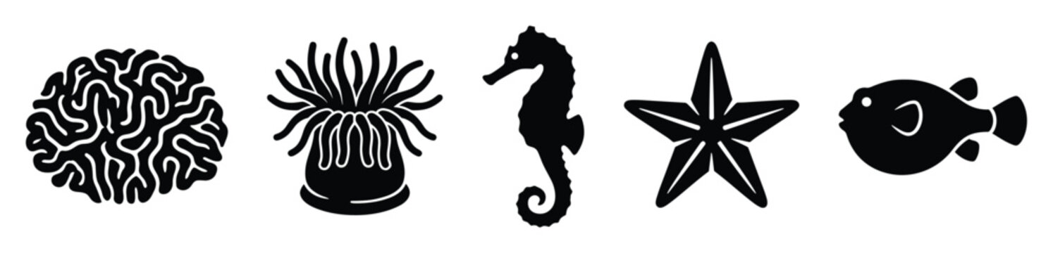Oceanic animal silhouettes including brain coral anemone seahorse starfish and pufferfish perfect for aquatic themes