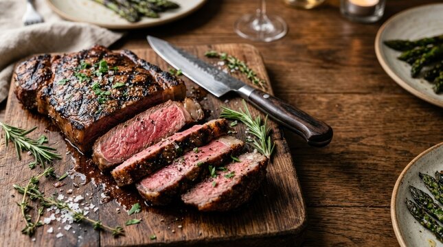 Sliced grilled striploin steak pink juicy center
