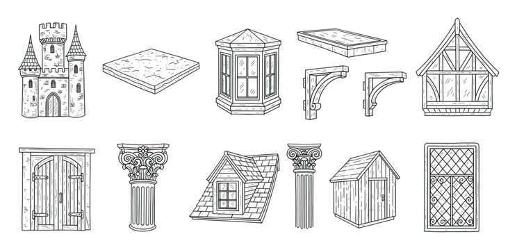 Collection of hand drawn architectural building elements for construction design and historical projects