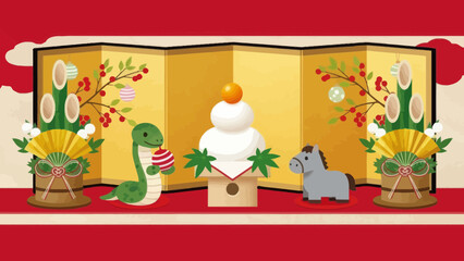 Fototapeta premium Japanese New Year Decoration Illustration with Zodiac Animals and Copy Space