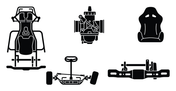 Motorsport go kart parts and engine components black silhouette icons for automotive design projects