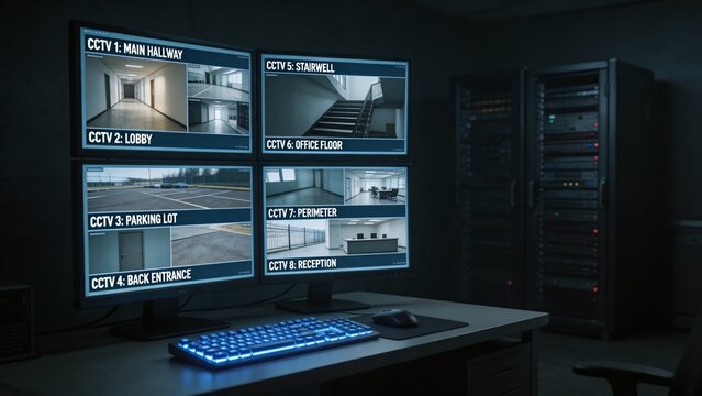 A security monitoring room with multiple screens displaying various CCTV camera feeds in a darkened control center, showcasing a comprehensive surveillance system for safety and protection.