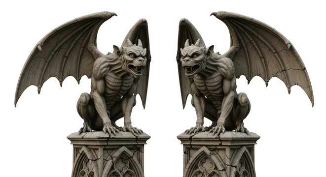 Two stone gargoyle statues with wings.
