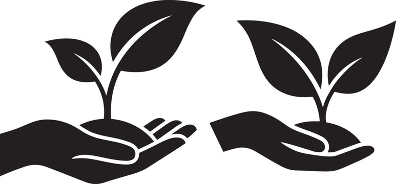 Hand holding plant sprout icons for growth and sustainability
