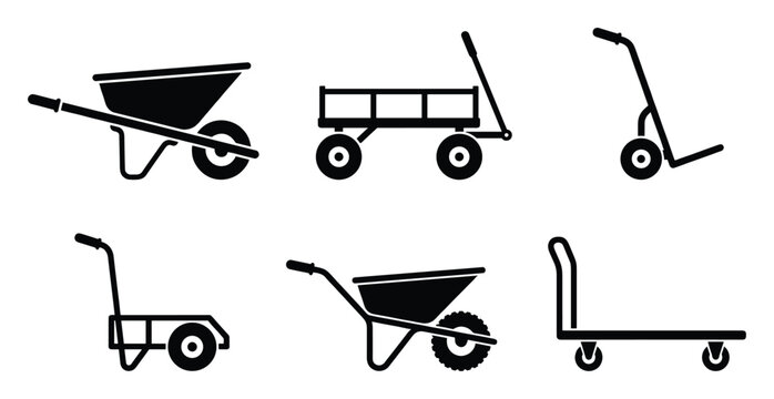 Collection of utility carts wheelbarrows and hand trucks as practical graphic icons for various uses