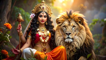 Fototapeta premium A serene goddess sits beside a majestic lion in a lush forest