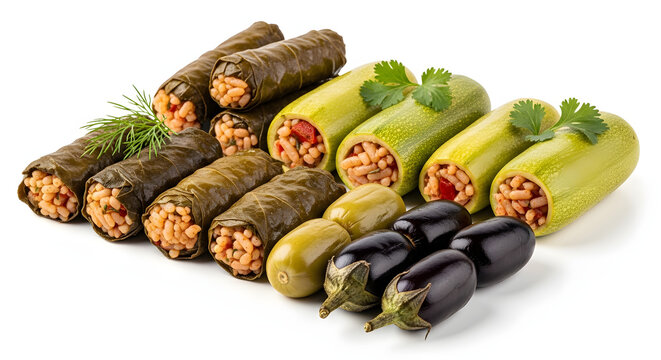 Assortment of Egyptian Mahshi stuffed grape leaves, zucchini, and eggplant with rice, isolated on white background