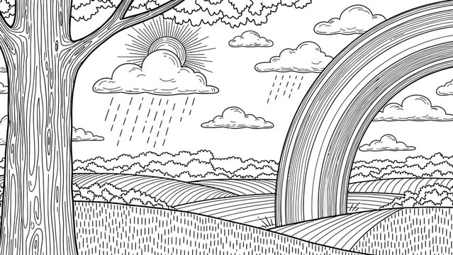 Countryside landscape with sun clouds rain and rainbow sketch illustration. Rural fields with trees and rolling hills represents nature weather cycle scene.