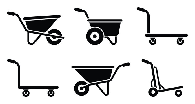 Various essential utility carts and garden wheelbarrows for construction and material handling tasks