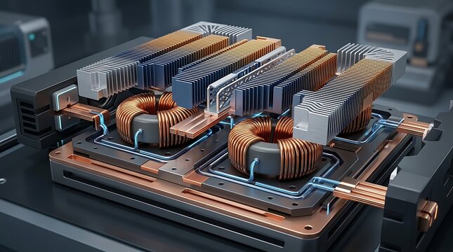 Advanced electronic transformer unit with copper coils and cooling fins, futuristic technology concept