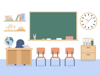 Educational classroom illustration featuring desk globe bookshelves chairs clock and blackboard © BiswajeetM.