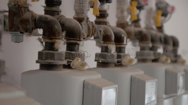 Gas meters and protective pipes are shown in the staircase of a block of flats. This setup is essential for gas supply in residential buildings.