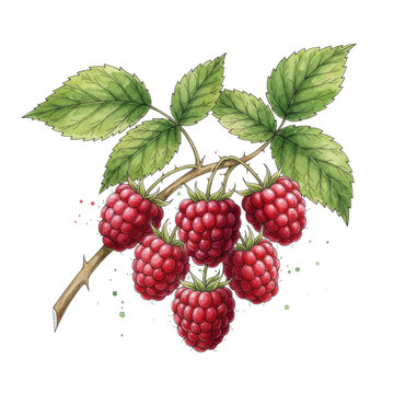 Clusters of ripe raspberries with deep ruby drupelets and green serrated leaves on thorny woody branches in watercolor illustration botanical study atmosphere