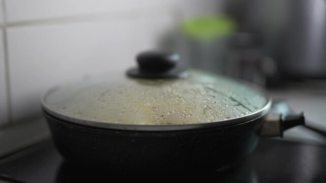 Steam condenses on a glass lid of a simmering pan