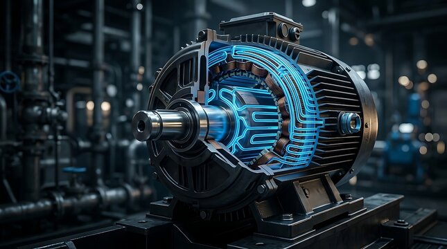 Detailed cross section of an electric motor revealing glowing blue internal components and intricate circuitry within an industrial setting