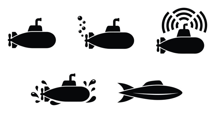 Underwater vehicle icons depicting various submarine activities like movement, sonar detection, and stealth for nautical exploration apps.