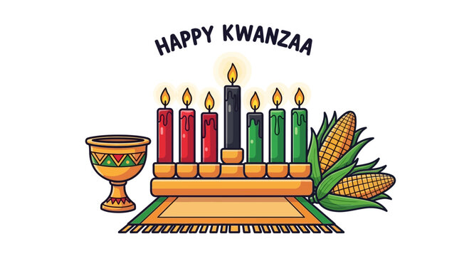 Kwanzaa illustration with kinara, mkeka, and muhindi, festive celebration