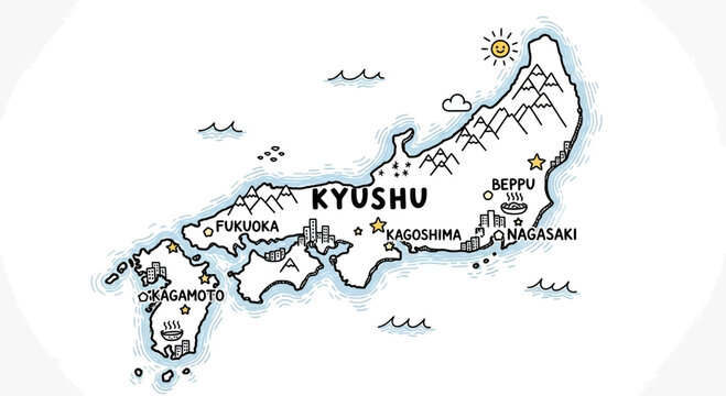 Kyushu Japan Doodle Map Illustration with Copy Space for Travel
