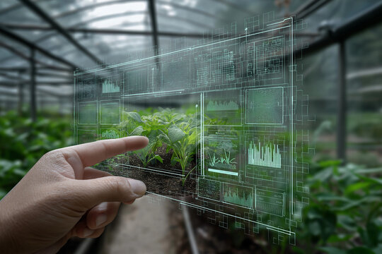 A digital interface showing plant growth data in a greenhouse, representing controlled environment agriculture with precision farming techniques and advanced greenhouse technology