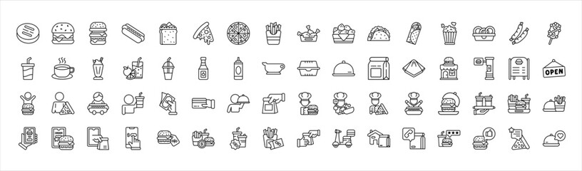 Fototapeta premium Fast food restaurant activity icon line set. Burger pizza drink ordering cooking delivery and takeaway service outline vector illustration