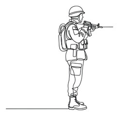 Naklejka premium Continuous line art drawing of a soldier in combat gear aiming a rifle, suitable for military service promotion and graphic design projects