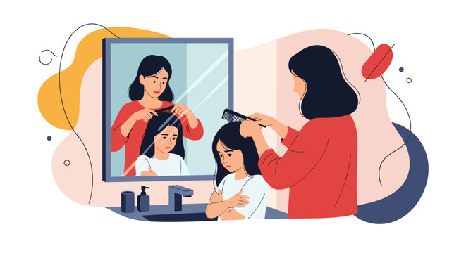 Mother using a comb to fix her young daughter's hair in front of a mirror while the child looks unhappy or reluctant in the bathroom.