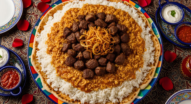 Festive Egyptian Fattah platter with rice, toasted bread, beef cubes, garlic vinegar sauce, and crispy onions