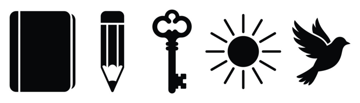 Simple graphic icons book pencil key sun and bird useful for conceptual design