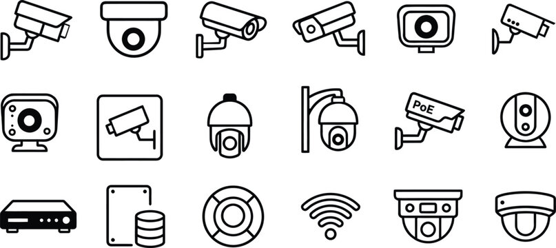 Minimal Outline CCTV Icon Pack with Security and Monitoring Symbols
