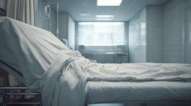 Clean and Neat Hospital Bed in Modern Medical Room with Soft Lighting and Privacy Curtains for Patient Comfort