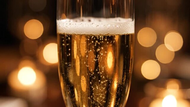 A close-up shot of a glass filled with a sparkling, bubbly beverage, with blurred lights in the background, creating a festive atmosphere