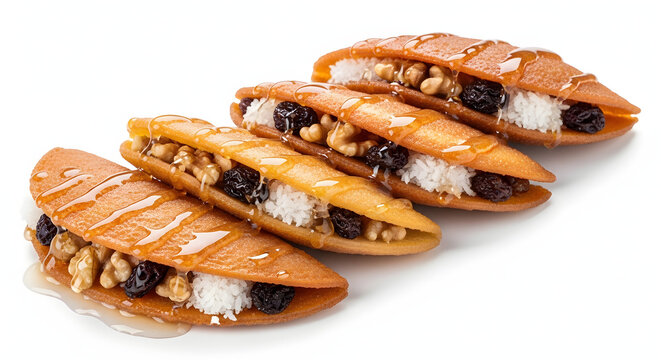 Golden fried Egyptian Qatayef sweet dumplings stuffed with nuts and coconut, isolated on a pure white background