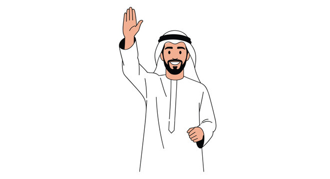 Friendly arab man wearing traditional dishdasha and ghutra waving his hand while smiling in a cartoon illustration.